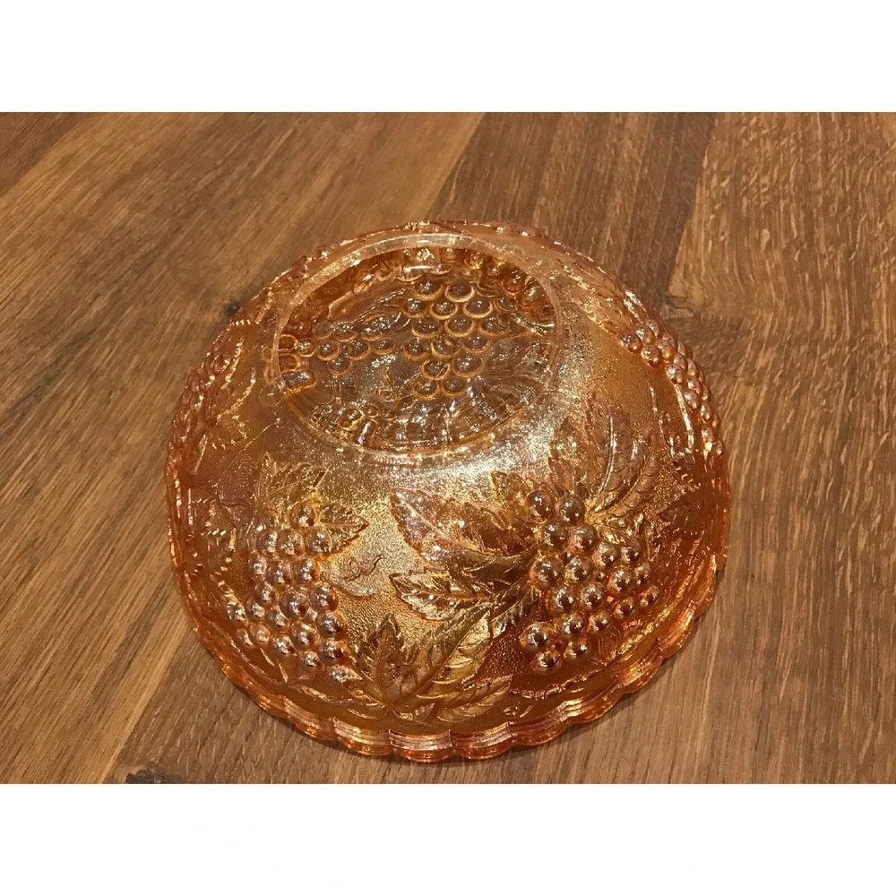 Imperial Glass Antique Orange Carnival Glass Serving Bowl Grapes Scalloped 9